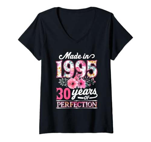 Damen 30 Jahre alt Made in 1995 Floral Flower 30th Birthday Damen T-Shirt mit V-Ausschnitt Damen 30 Jahre alt Made in 1995 Floral Flower 30th Birthday Damen T-Shirt mit V-Ausschnitt von Made In 1995 30th Birthday Gifts for Women