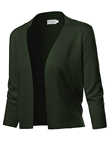 Damen Solid Open Front Soft Stretch 3/4 Arm Layer Short Cardigan, Fewcat0007 Olive, Mittel Damen Solid Open Front Soft Stretch 3/4 Arm Layer Short Cardigan, Fewcat0007 Olive, Mittel von Made by Emma