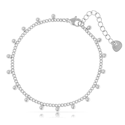 Made by Nami Armband Damen Gold oder Silber mit Perlen aus Chirurgischem Edelstahl 16 + 3 cm Perlenarmband Wasserfester Schmuck Hypoallergen (Silber) von Made by Nami