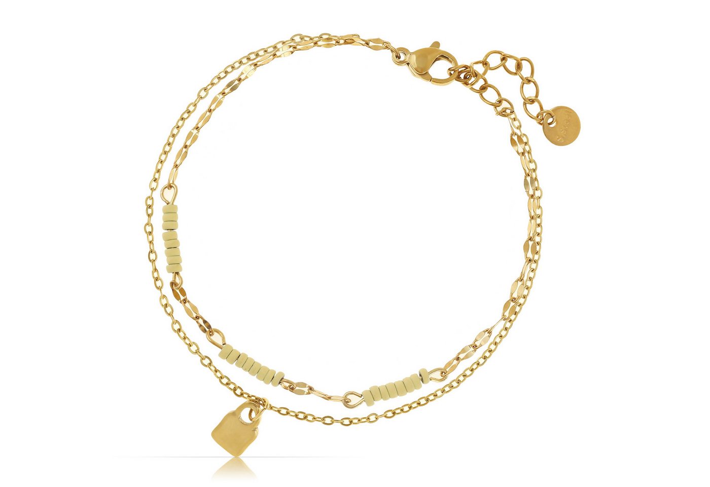 Made by Nami Armband Set Zweireihiges Damen Armband goldfarben Perlen Anhänger verstellbar, mit Anhängern – layered Design – mit Verlängerung - aus Edelstahl Made by Nami Armband Set Zweireihiges Damen Armband goldfarben Perlen Anhänger verstellbar, mit Anhängern – layered Design – mit Verlängerung - aus Edelstahl von Made by Nami