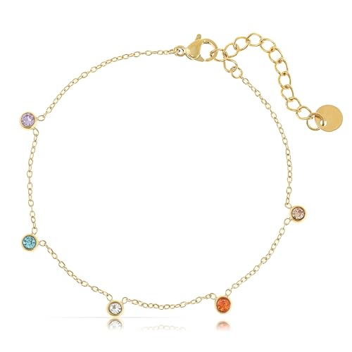 Made by Nami Boho Armband Damen Gold mit bunten Edelstein Anhängern aus Chirurgischem Edelstahl 16 + 3 cm Hypoallergen Wasserfester Schmuck Freundschaftsarmbänder (5 Edelsteine Bunt) von Made by Nami