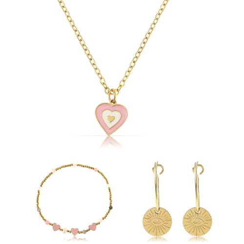 Made by Nami Boho Boho Schmuckset 3er Set Halskette Damen Gold mit Herz Anhänger Perlenarmband mit Herzen und Ohrringe Gold Hängend aus Chirurgischem Edelstahl Hypoallergen (Set 1.1) von Made by Nami