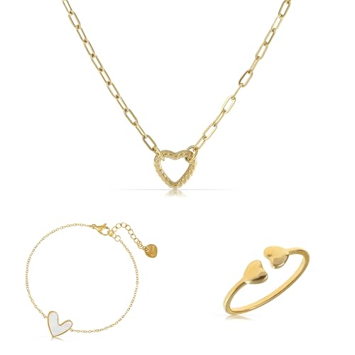 Made by Nami Boho Boho Schmuckset 3er Set Halskette Damen Gold mit Herz Anhänger Perlenarmband mit Herzen und Ohrringe Gold Hängend aus Chirurgischem Edelstahl Hypoallergen (Set 1.2) von Made by Nami