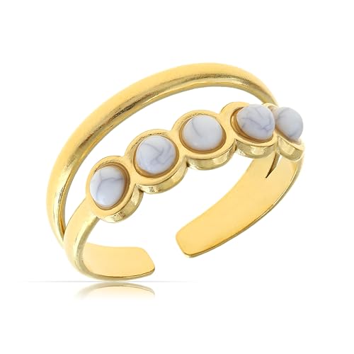 Made by Nami Boho Ring Damen Gold mit Perlen Damen Edelstein Ring Verstellbar aus Chirurgischem Edelstahl Sommer Boho Schmuck Wasserfester Schmuck Geschenk für Sie (Doppel Weiß) von Made by Nami