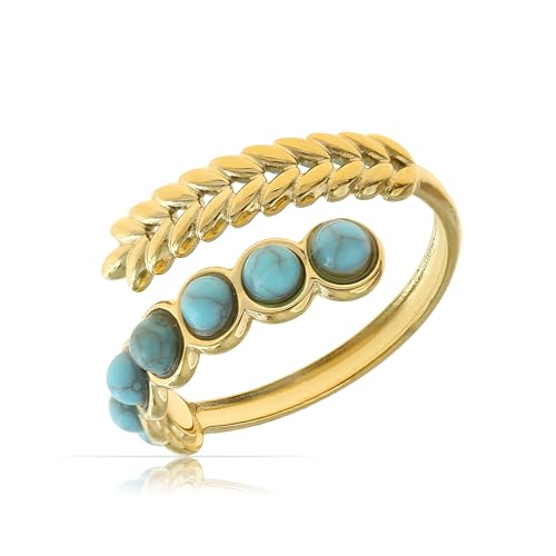 Made by Nami Boho Ring Damen Gold mit Perlen Damen Edelstein Ring Verstellbar aus Chirurgischem Edelstahl Sommer Boho Schmuck Wasserfester Schmuck Geschenk für Sie (Feder Türkis) von Made by Nami