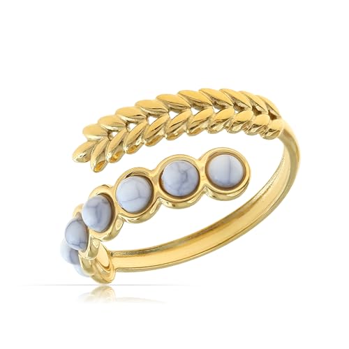 Made by Nami Boho Ring Damen Gold mit Perlen Damen Edelstein Ring Verstellbar aus Chirurgischem Edelstahl Sommer Boho Schmuck Wasserfester Schmuck Geschenk für Sie (Feder Weiß) von Made by Nami