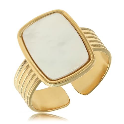 Made by Nami Boho Ring Damen Gold mit Perlmutt Edelstein Ring mit Stein Verstellbar aus Chirurgischem Edelstahl Boho Schmuck Damen Wasserfester Schmuck Hypoallergen von Made by Nami