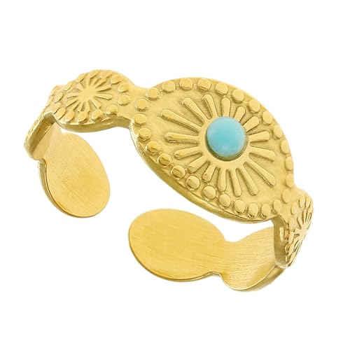 Made by Nami Boho Ring Gold Damen in Sonne Optik mit türkisem Stein aus Chirurgischem Edelstahl Größenverstellbar & Wasserfest Boho Schmuck Damen von Made by Nami