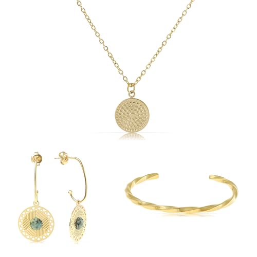 Made by Nami Boho Schmuckset Halskette Gold Damen + Armband Damen + Ohrringe Gold Hängend aus Chirurgischem Edelstahl Wasserfest & Hypoallergen (Set 1.1.2) von Made by Nami