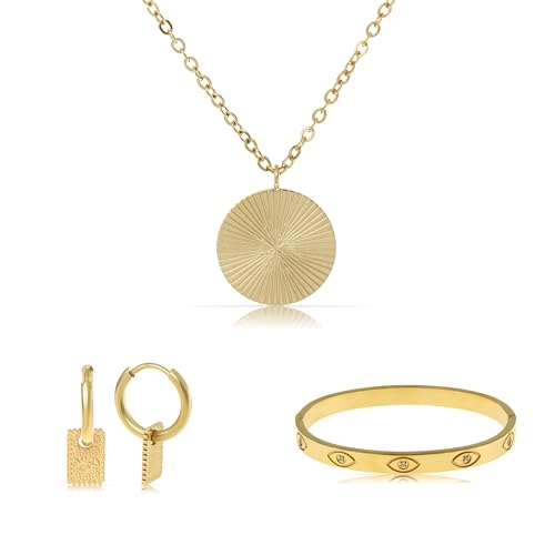 Made by Nami Boho Schmuckset Halskette Gold Damen + Armband Damen + Ohrringe Gold Hängend aus Chirurgischem Edelstahl Wasserfest & Hypoallergen (Set 1.1.3) von Made by Nami
