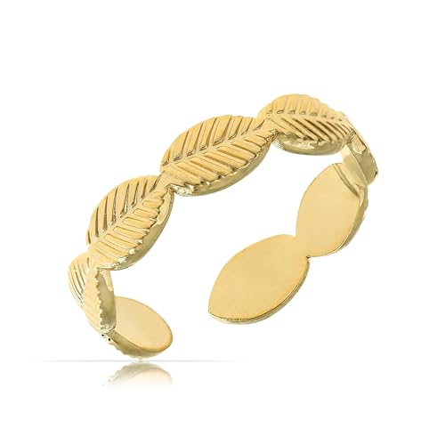 Made by Nami Breiter Goldener Boho Edelstahl Ring mit Fächer Muster Geschenk Damen Schmuck Größenverstellbar & Wasserfest (Blätter) von Made by Nami