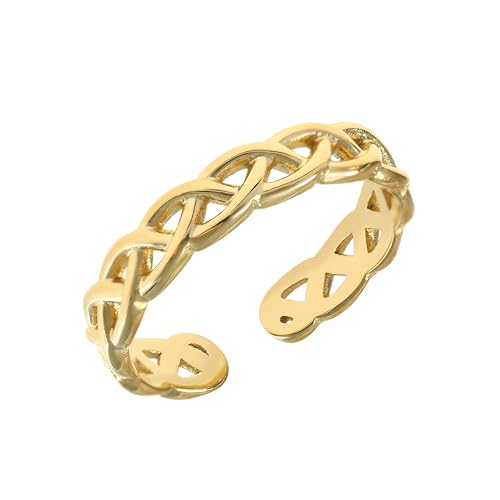 Made by Nami Breiter Goldener Boho Edelstahl Ring mit Fächer Muster Geschenk Damen Schmuck Größenverstellbar & Wasserfest (Geflochten) von Made by Nami