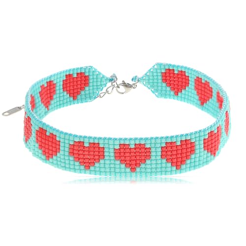 Made by Nami Choker Perlenkette Damen mit Herzen in Schwarz oder Blau 27 + 6 cm Boho Style Herzkette Damen Festival Schmuck (Blau) von Made by Nami