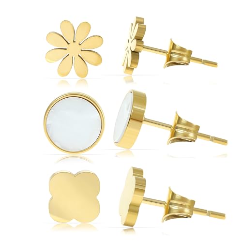 Made by Nami Damen Ohrstecker Set verschiedene Formen Mond Stern Herz Sonne mit Perlmutt Ohrstecker Gold aus Chirurgischem Edelstahl Wasserfester Schmuck Geschenk für Sie (Blume Kreis Kleeblatt) von Made by Nami