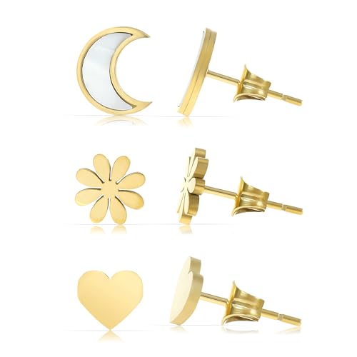 Made by Nami Damen Ohrstecker Set verschiedene Formen Mond Stern Herz Sonne mit Perlmutt Ohrstecker Gold aus Chirurgischem Edelstahl Wasserfester Schmuck Geschenk für Sie (Mond Blume Herz) von Made by Nami
