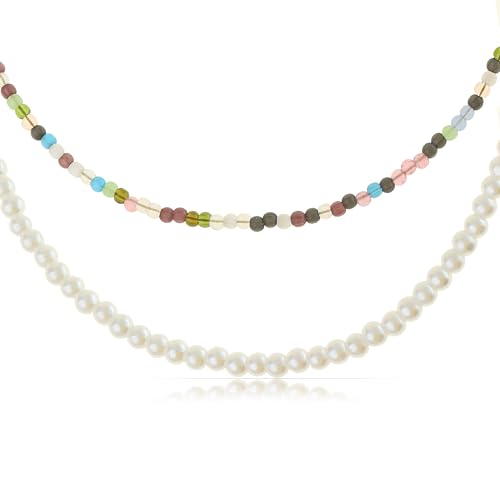 Made by Nami Doppellagige Perlenkette Damen Bunt mit Süßwasserperlen 40 + 5 cm Layered Halskette Boho Style Wasserfester Schmuck Hypoallergen von Made by Nami
