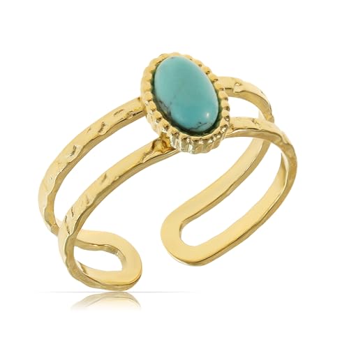 Made by Nami Filigraner Boho Edelstahl Ring Gold mit Ovalen türkisen Edelstein Geschenk Damen Schmuck Größenverstellbar & Wasserfest (Doppel Strang mit Edelstein) von Made by Nami