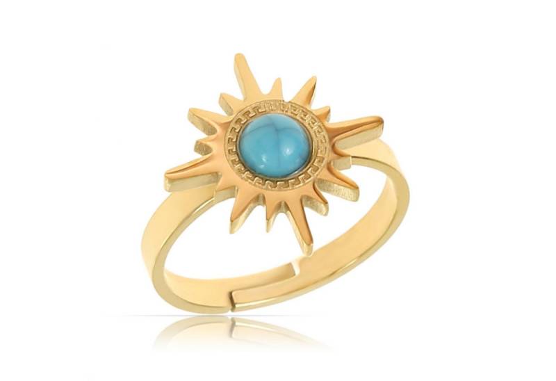 Made by Nami Fingerring Goldener Boho Edelstahl Ring mit Sonne und türkisem Edelstein, Damen Schmuck Größenverstellbar & Wasserfest Geschenke Damen von Made by Nami