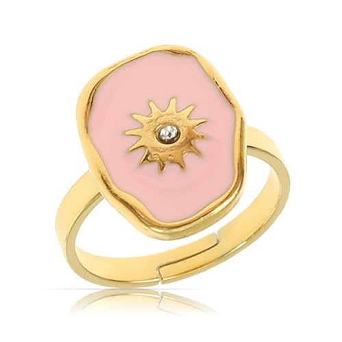 Made by Nami Goldener Boho Edelstahl Ring mit pinknem Edelstein mit Sonne im Zentrum goldumrandet Damen Schmuck Größenverstellbar & Wasserfest (Rosa) von Made by Nami