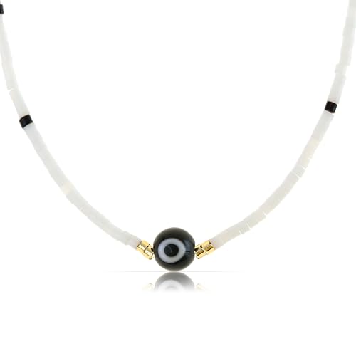 Made by Nami Halskette Damen Glas Perlenkette Damen in Weiß Türkis oder Lila mit Nazar Boncuk Perle Wasserfester Schmuck Hippie Schmuck 40 + 5 cm (Weiß) von Made by Nami