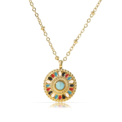 Made by Nami Halskette Damen Gold mit Mandala Anhänger und Edelsteinen in Bunt oder Grün aus Chirurgischem Edelstahl 40 + 5 cm Boho Schmuck Damen Wasserfest & Hypoallergen (Multi) von Made by Nami
