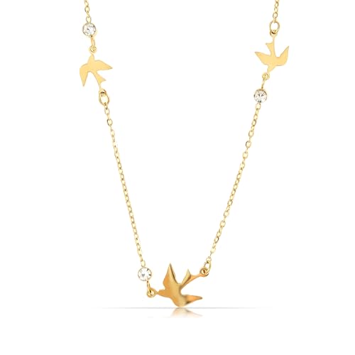 Made by Nami Halskette Damen Gold mit Vögeln und Edelsteinen 40 + 5 cm Goldkette Damen aus chirurgischem Edelstahl Freundschaftskette Hypoallergen und Wasserfest von Made by Nami