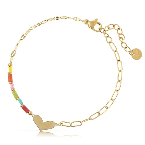 Made by Nami Herz Armband Damen Gold Armband mit Perlen aus Chirurgischem Edelstahl 16 + 3 cm Herz Perlenarmband Damen Hypoallergen & Wasserfest Geschenk für Sie von Made by Nami