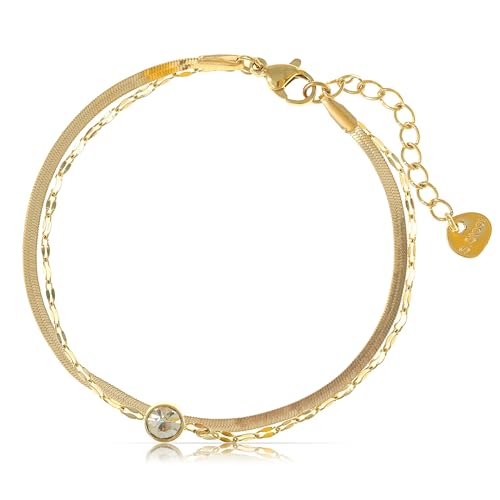 Made by Nami Layered Armband Damen Silber oder Gold aus Chirurgischem Edelstahl 16 + 3 cm Zweireihiges Armband mit Edelstein Hypoallergen Wasserfester Schmuck Geschenke für Frauen (Gold) von Made by Nami