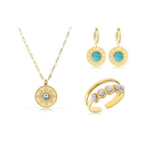 Made by Nami Mehrteiliges Schmuckset Boho Schmuck Damen Halskette Damen Ohrringe Gold Ring mit Edelsteinen aus Chirurgischem Edelstahl Wasserfest & Hypoallergen (Set 1) von Made by Nami
