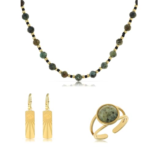 Made by Nami Mehrteiliges Schmuckset Boho Schmuck Damen Halskette Damen Ohrringe Gold Ring mit Edelsteinen aus Chirurgischem Edelstahl Wasserfest & Hypoallergen (Set 2) von Made by Nami