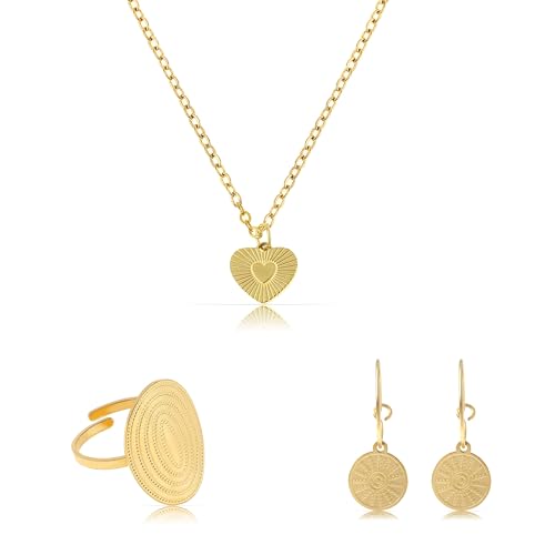 Made by Nami Mehrteiliges Schmuckset Boho Schmuck Damen Halskette Damen Ohrringe Gold Ring mit Edelsteinen aus Chirurgischem Edelstahl Wasserfest & Hypoallergen (Set 3) von Made by Nami