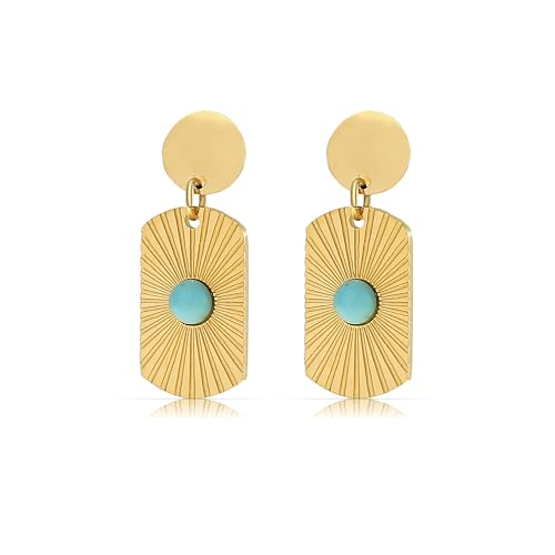 Made by Nami Ohrringe Gold Hängend Set mit Sonnen Anhänger und Edelstein aus Chirugischem Edelstahl Boho Schmuck Damen Hypoallergen Wasserfester Schmuck (Sonne Eckig) von Made by Nami