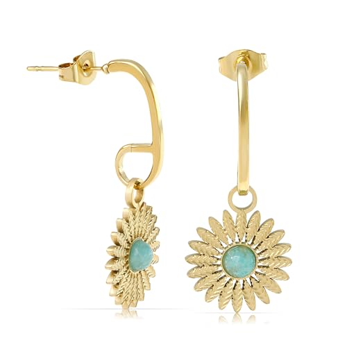 Made by Nami Ohrringe Gold Hängend Set mit Sonnen Anhänger und Edelstein aus Chirugischem Edelstahl Boho Schmuck Damen Hypoallergen Wasserfester Schmuck (Sonne Rund) von Made by Nami