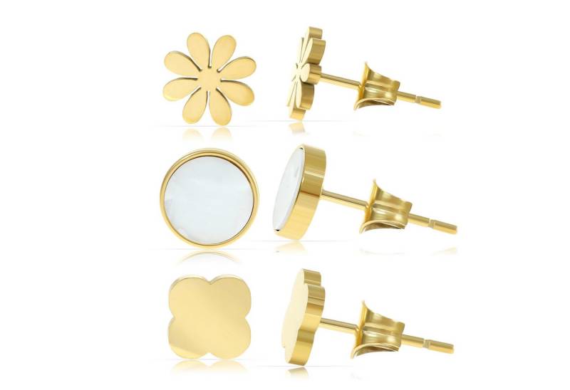 Made by Nami Ohrstecker-Set verschiedene Formen mit Blume-Kreis-Kleeblatt Perlmutt Ohrstecker Gold, aus Chirurgischem Edelstahl Wasserfester Schmuck Geschenk für Sie von Made by Nami