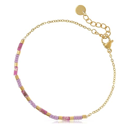 Made by Nami Perlenarmband Damen Lila aus Chirurgischem Edelstahl Herz Armband Damen 17 + 3 cm Wasserfest & Hypoallergen (Lila) von Made by Nami