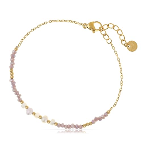 Made by Nami Perlenarmband Damen Lila aus Chirurgischem Edelstahl Herz Armband Damen 17 + 3 cm Wasserfest & Hypoallergen (Süsswasserperlen) von Made by Nami