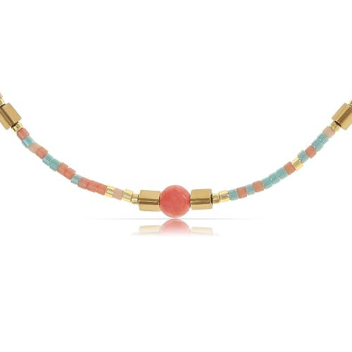 Made by Nami Perlenkette Damen Bunt 40 + 5 cm Perlen Halskette Damen mit Edelstein Boho Schmuck Wasserfest & Hypoallergen Sommer Schmuck (Rosa) von Made by Nami