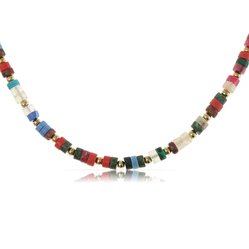 Made by Nami Perlenkette Damen Bunt aus Natursteinen 40 + 5 cm Halskette Damen Boho Schmuck Wasserfest & Hypoallergen Sommer Schmuck (Bunt Dunkel) von Made by Nami