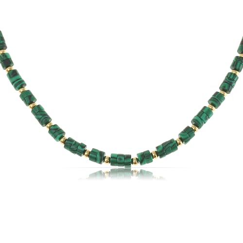 Made by Nami Perlenkette Damen Bunt aus Natursteinen 40 + 5 cm Halskette Damen Boho Schmuck Wasserfest & Hypoallergen Sommer Schmuck (Dunkelgrün) von Made by Nami