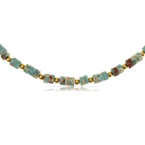 Made by Nami Perlenkette Damen Bunt aus Natursteinen 40 + 5 cm Halskette Damen Boho Schmuck Wasserfest & Hypoallergen Sommer Schmuck (Grün) von Made by Nami