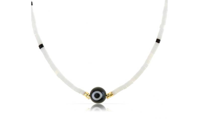 Made by Nami Perlenkette Damen Glas Perlenkette in Weiß Türkis oder Lila mit Nazar Boncuk Perle, Wasserfester Schmuck Hippie Schmuck 40 + 5 cm von Made by Nami