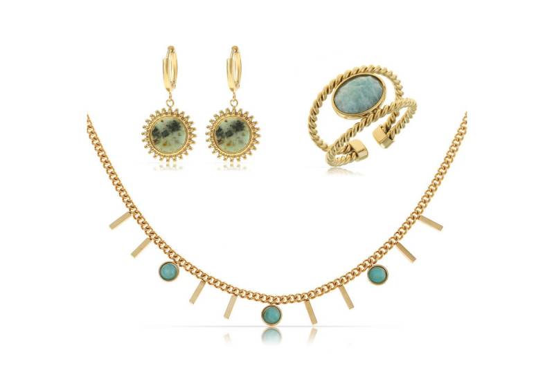 Made by Nami Schmuckset Mehrteilig Damen Gold aus Edelstahl Wasserfest, Halskette + Ohrringe + Ring - Hypoallergen - Wasserfest von Made by Nami