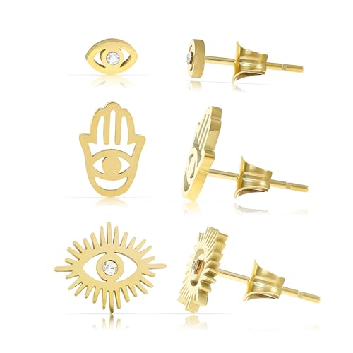 Made by Nami Set Evil Eye Ohrstecker Gold Ohrringe Gold Stecker aus Chirurgischem Edelstahl mit Hand der Fatima und Türkisches Auge Wasserfester Schmuck Boho Schmuck Damen Nazar Boncuk von Made by Nami