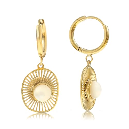 Made by Nami Set Gold Ohrringe Hängend mit Sonnen Anhänger und Süßwasserperle aus Chirugischem Edelstahl Boho Ohrringe Damen Hypoallergen Wasserfester Schmuck von Made by Nami