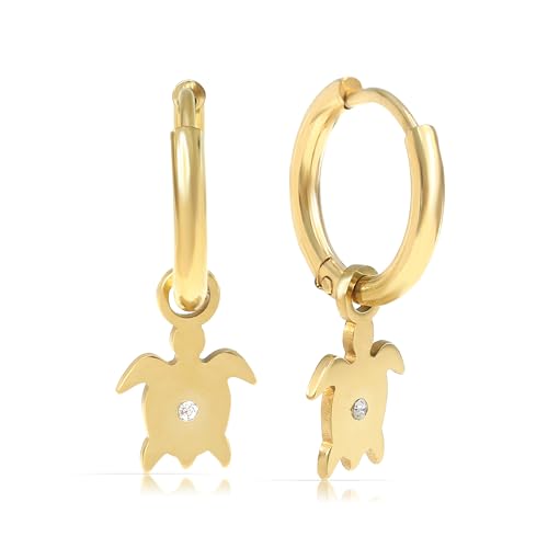 Made by Nami Set Hängende Ohrringe Silber oder Gold mit Schildkröte Anhänger und Edelstein aus Chirurgischem Edelstahl Hypoallergen & Wasserfest Boho Ohrringe (Gold) von Made by Nami