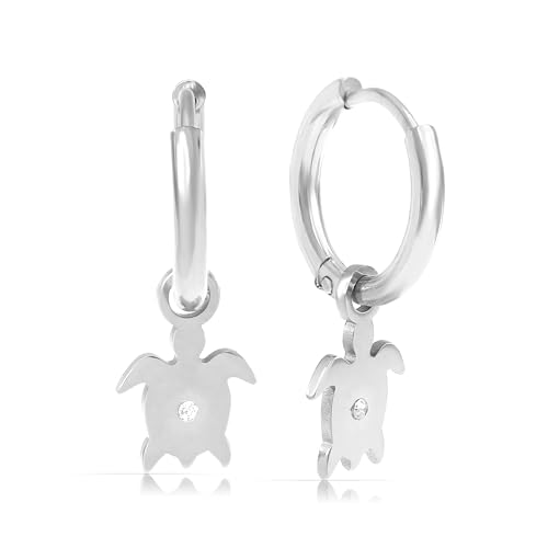 Made by Nami Set Hängende Ohrringe Silber oder Gold mit Schildkröte Anhänger und Edelstein aus Chirurgischem Edelstahl Hypoallergen & Wasserfest Boho Ohrringe (Silber) von Made by Nami