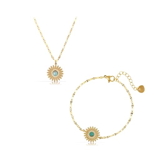 Made by Nami Set Halskette Damen und Armband Damen Boho Schmuck mit Blumen Anhänger und türkisem Stein aus Chirurgischer Edelstahl Schmuckset Hypoallergen & Wasserfest von Made by Nami