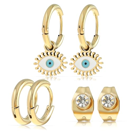 Made by Nami Set Ohrringe Gold Hängend mit Evil Eye Gold Ohrringe und Ohrstecker mit Edelstein aus Chirurgischem Edelstahl Wasserfester Schmuck Nazar Boncuk von Made by Nami