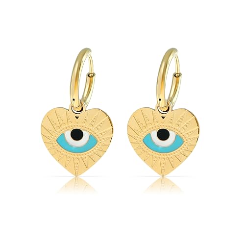 Made by Nami Set Ohrringe Gold Hängend mit Herz Anhänger und Evil Eye aus Chirurgischem Edelstahl Türkisches Auge Herz Ohrringe Boho Schmuck Damen Geschenke für Frauen von Made by Nami