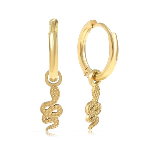 Made by Nami Set Ohrringe Hängend Damen mit Schlangen Anhänger aus Chirurgischem Edelstahl Hypoallergen & Wasserfest Creolen mit Anhänger Schlangen Ohrringe (Gold) von Made by Nami